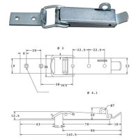 Kappenschloss Stahl verzinkt mit Gegenhaken H=20 mm, B=34 mm, L=140.5 mm